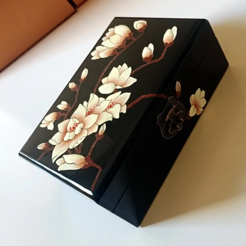 Hand Painted Push Gloss Lacquer Wooden Double Layer Jewelry Storage Box With Lock Creative Gift For Jewelry Collection