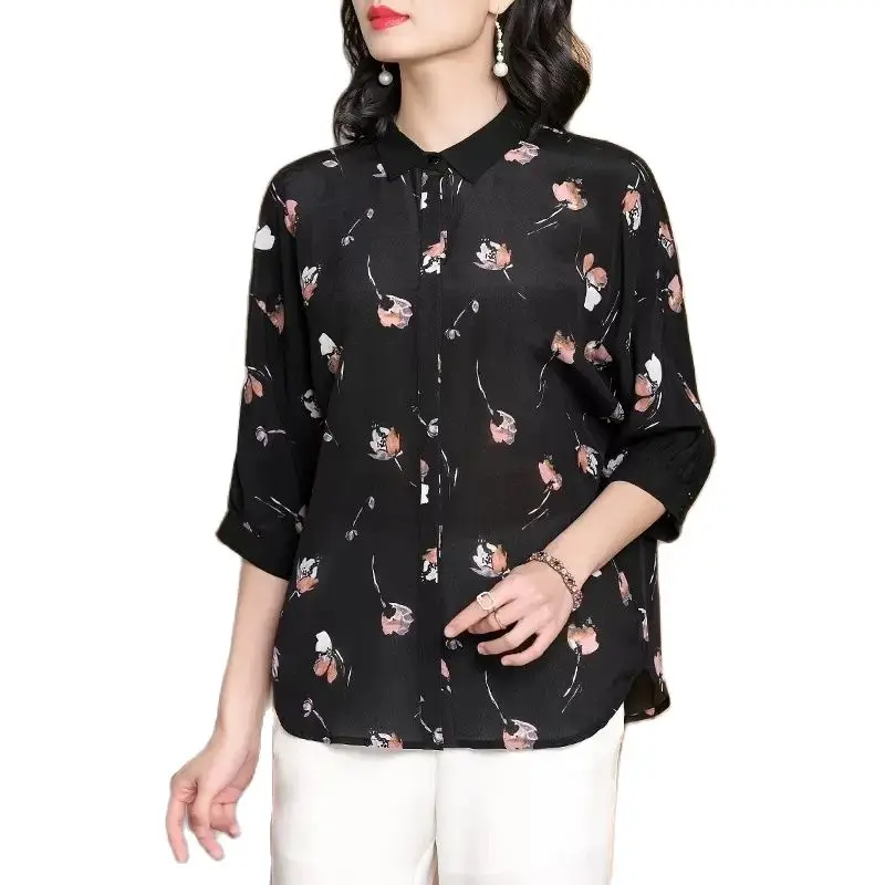 BirdTree 100%Real Silk Elegant Shirt For Women, Lapel Collar Printed Loose, Retro OL Commute Blouse, 2024 Spring New T42334QC