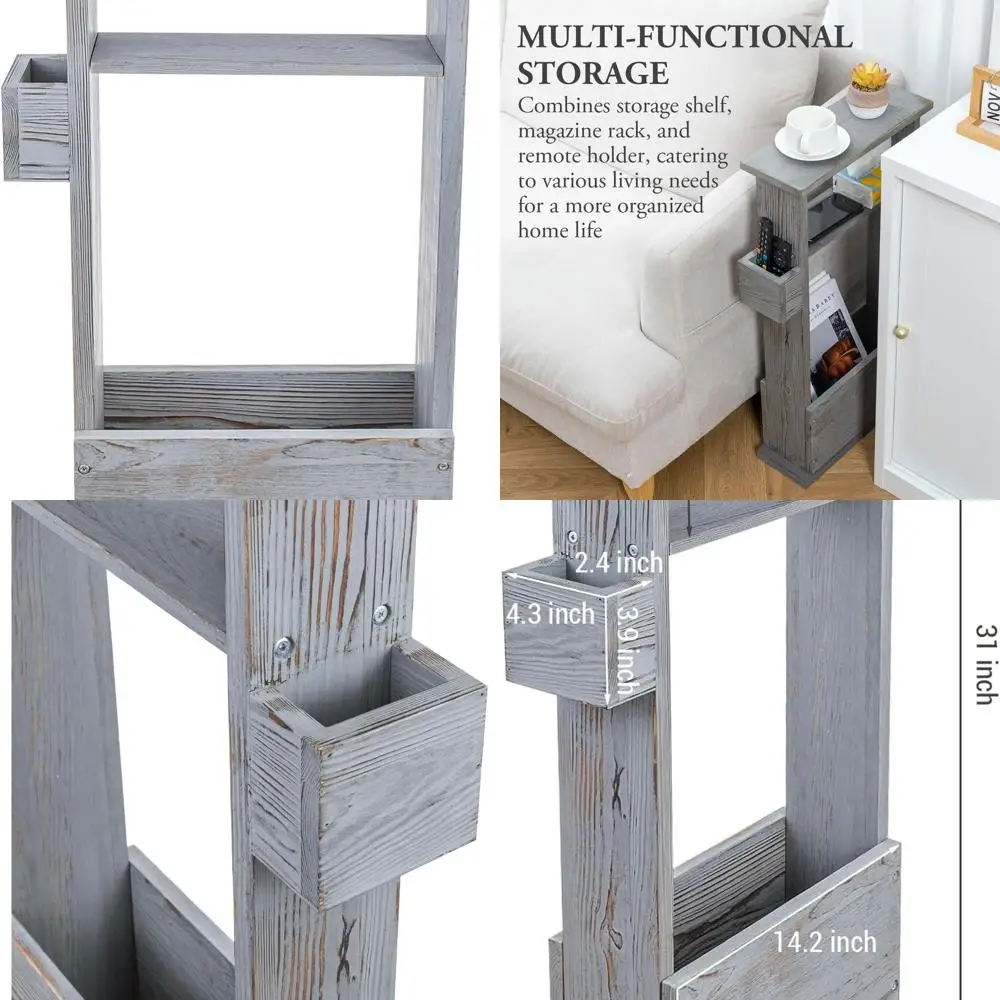 

Narrow Side Table, Slim End Sofa Table in Vintage Gray Wood with Storage Shelf, Magazine and Remote Holder