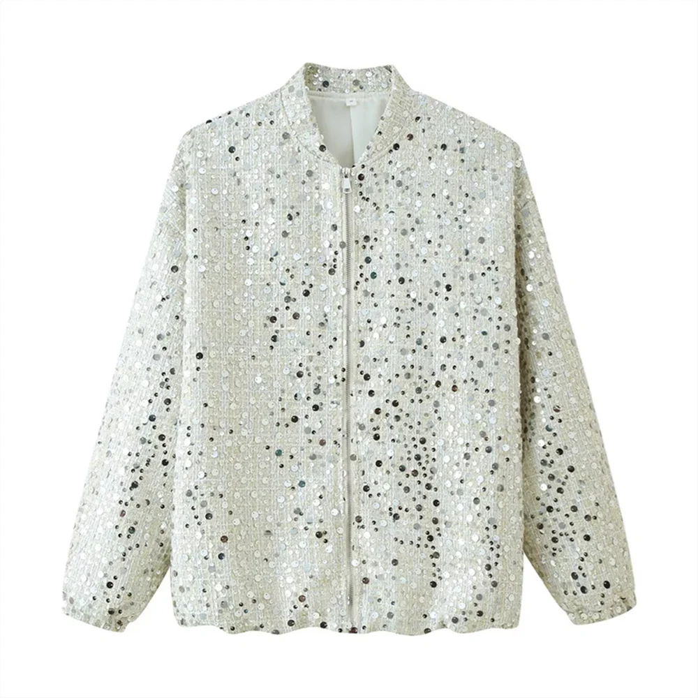 

s new women's fashion casual versatile stand up collar long sleeved zipper embellished sequin jacket jacket