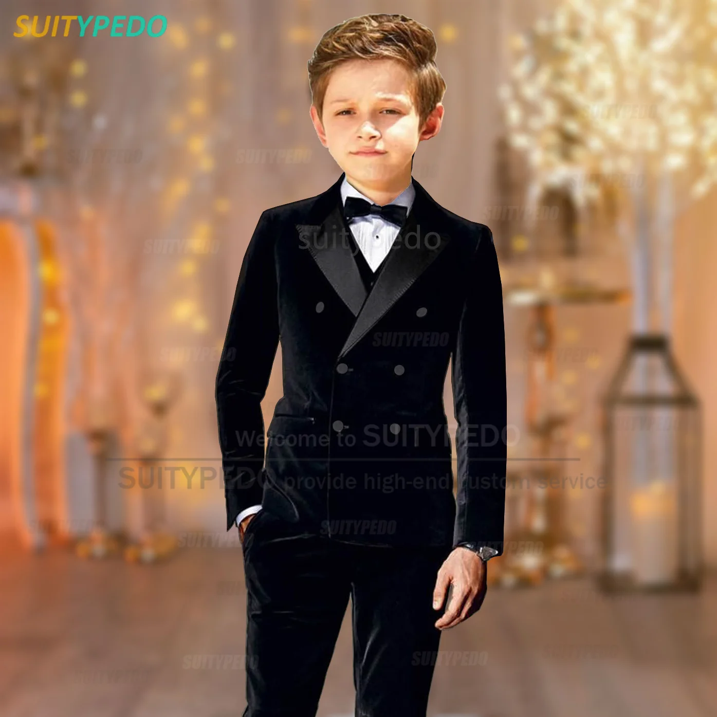 Kid Boys Velvet Suit Sets 3 Pieces Formal Double Breasted Jacket Vests Pants For Wedding Children Birthday Party Custom Clothes