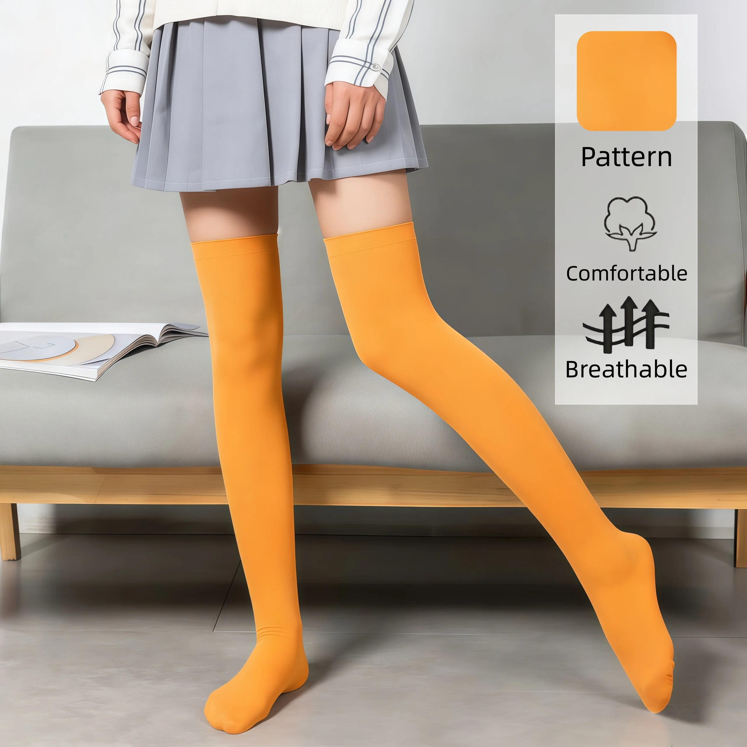 Women's solid orange thigh high stockings breathable versatile casual over the knee socks for daily outdoor wear - view 6