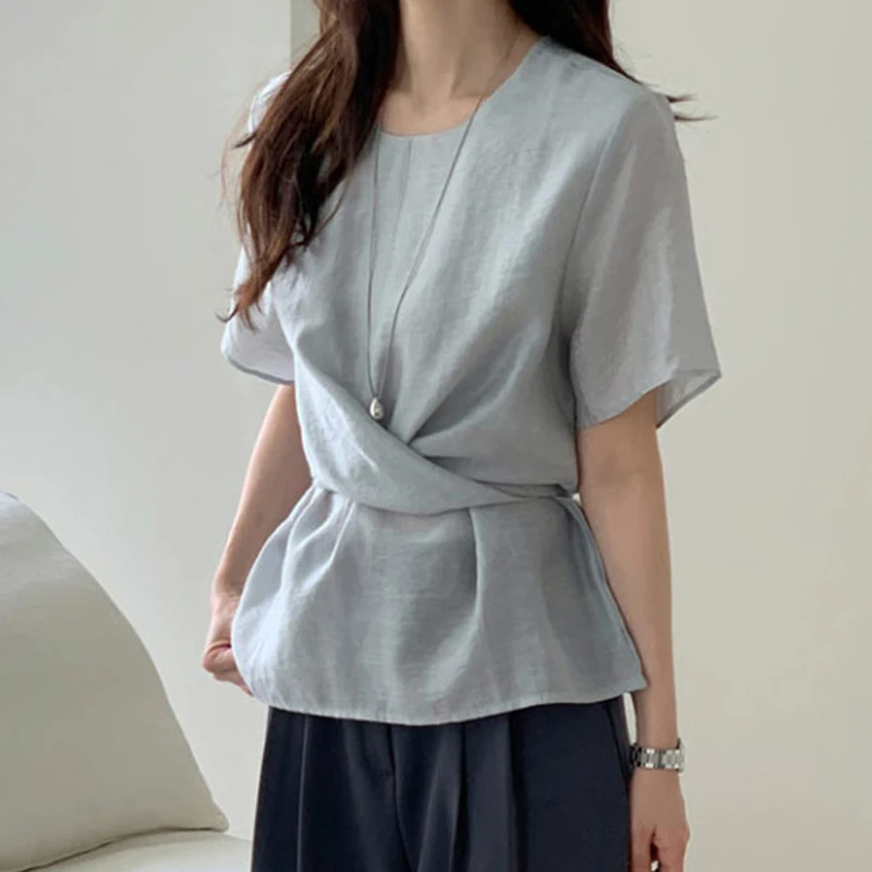 الصيف قصيرة الأكمام تي شيرت الدانتيل متابعة متقاطع الصلبة القمم بلوزة الكورية موضة فضفاضة عادية تيز القمصان