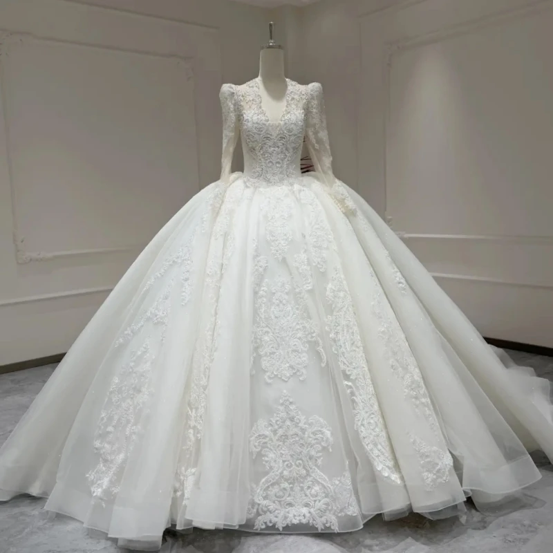 

Luxury White Dubai Arabic Mermaid Wedding Dresses Applique Lace Beading Crystal Long Sleeves Tull Crystal A-Line Court Train