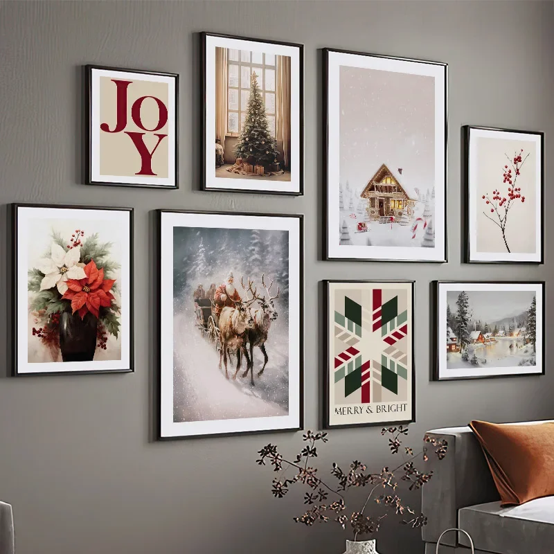 

Santa Claus Christmas Tree Gift Flower Canvas Wall Art Print Nordic Living Room Decor Posters Pictures