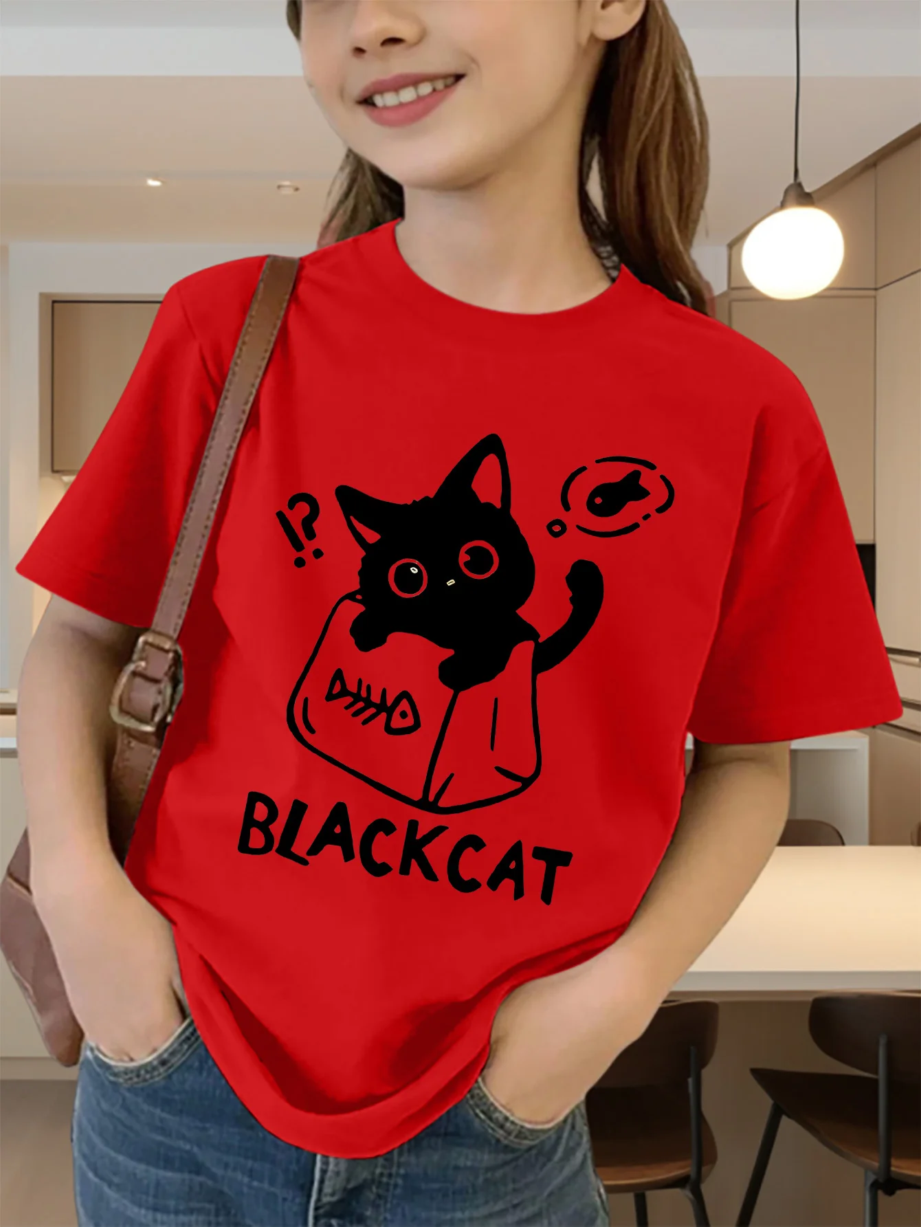 Cute Black Cat In Bag Fish Bone Letter Graphic Kids Tee Boys Girls Family Matching Cotton Crew Neck Short Sleeve Soft Summer Tee