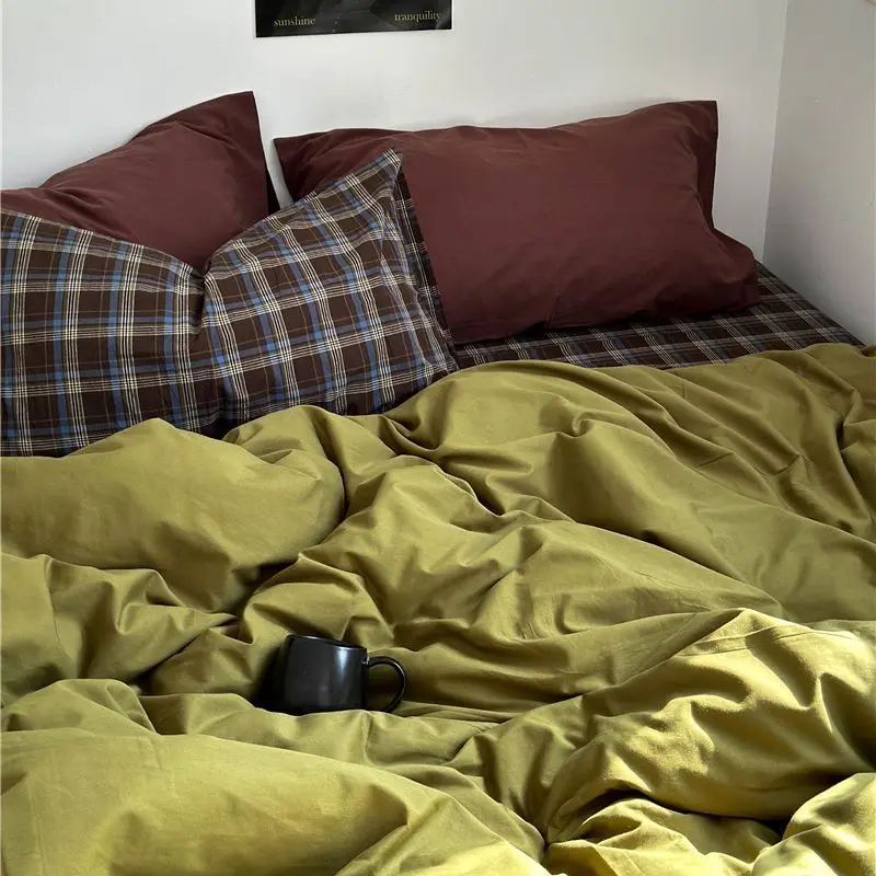 Green Plaid Bedding Set No Filler Single Queen Size Duvet Cover Flat Sheet Pillowcase Girls Boys Home Hotel Comforter Cover