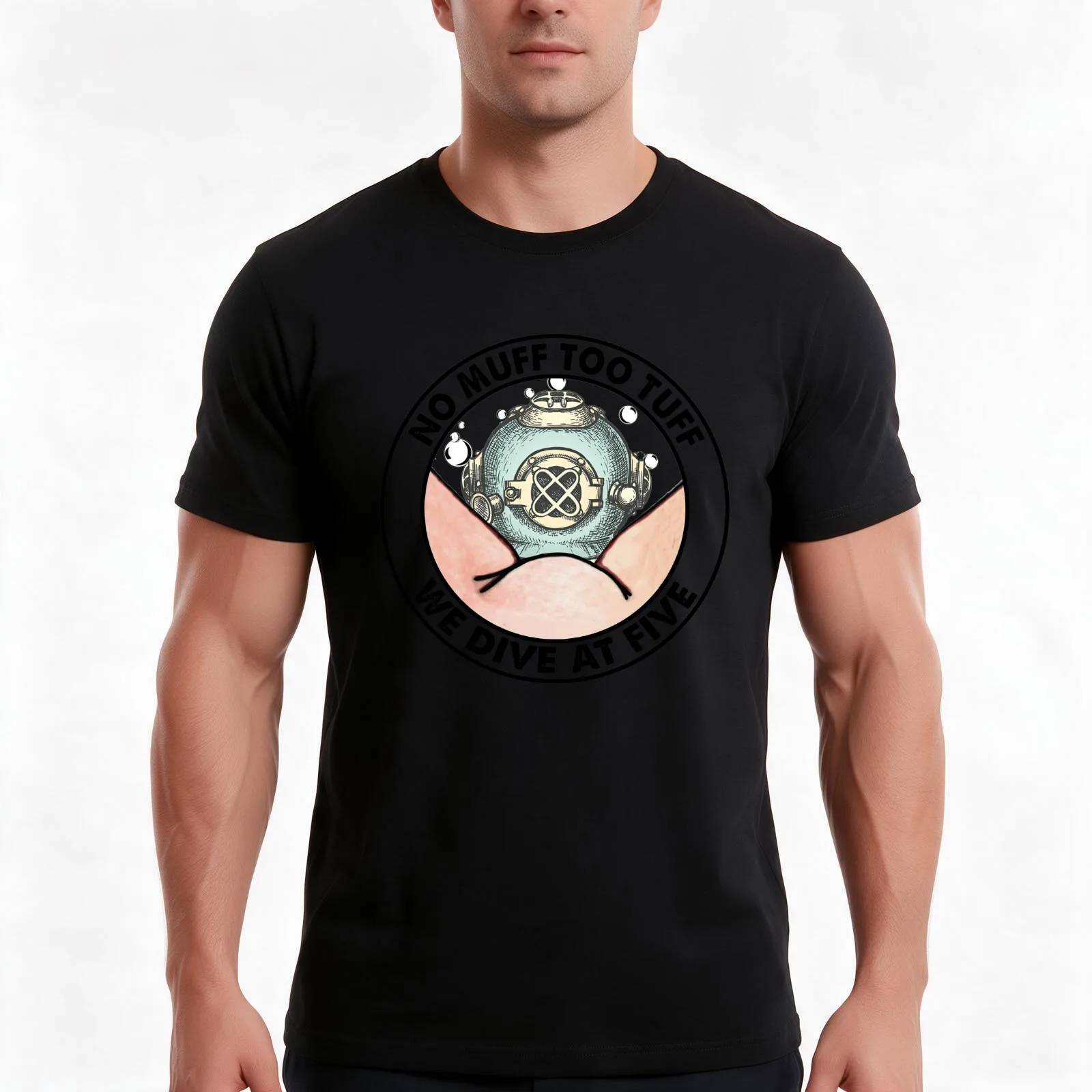 No muff to tuff we dive at five T-Shirt, Summer Casual Cotton Tee, Oversized Streetwear Tops, Vintage Graphic Print, 100% Cotton