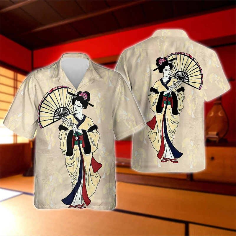 Japanese Geisha 3D Print Lapel Blouse Harajuku Fashion Cherry Blossoms Kabuki Shirts For Men Clothes Hawaii Vacation Geiko Tops