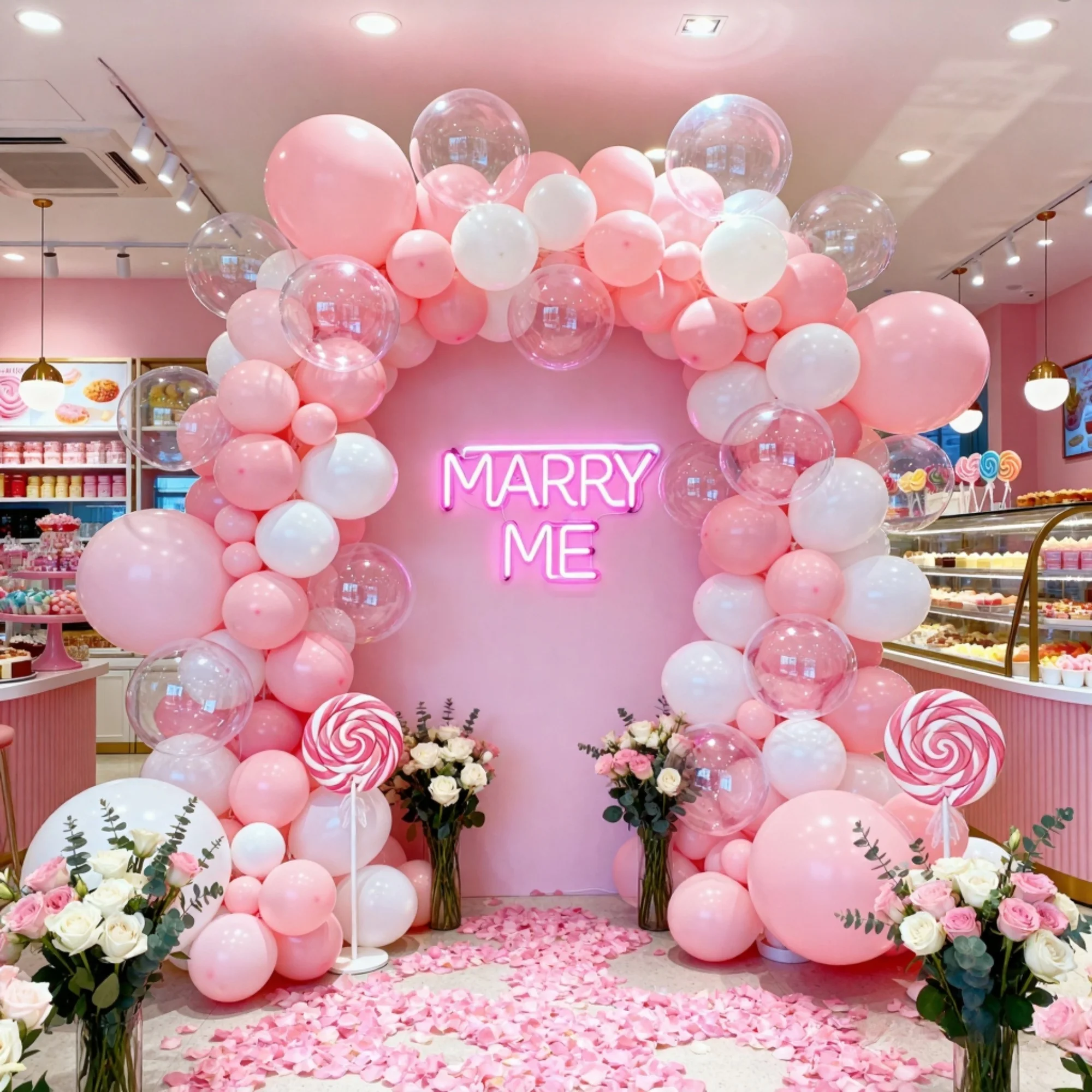 مجموعة تزيين الزفاف بالونين وردي وأبيض مكونة من 123 قطعة، بالونات شفافة باللونين الوردي والأبيض، مثالية لتزيين مكان المقتراح، وديكور مكان الزفاف، وأعياد الميلاد، وديكور حفلات استقبال المولود الجديد