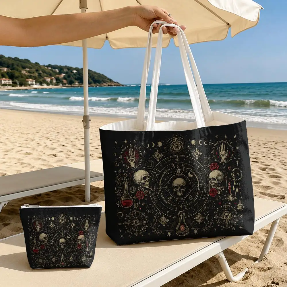 Sacs de rangement en toile à fermeture éclair pour femmes, motif crâne alchimique occulte, lot de 2, grande capacité, réutilisables, pour cadeaux d'Halloween et courses quotidiennes