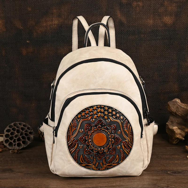 

Vintage Chinese Style Backpacks Large Capacity Women Shoulder Bags Pu Leather Casual Travel Backpack For Mother Gift
