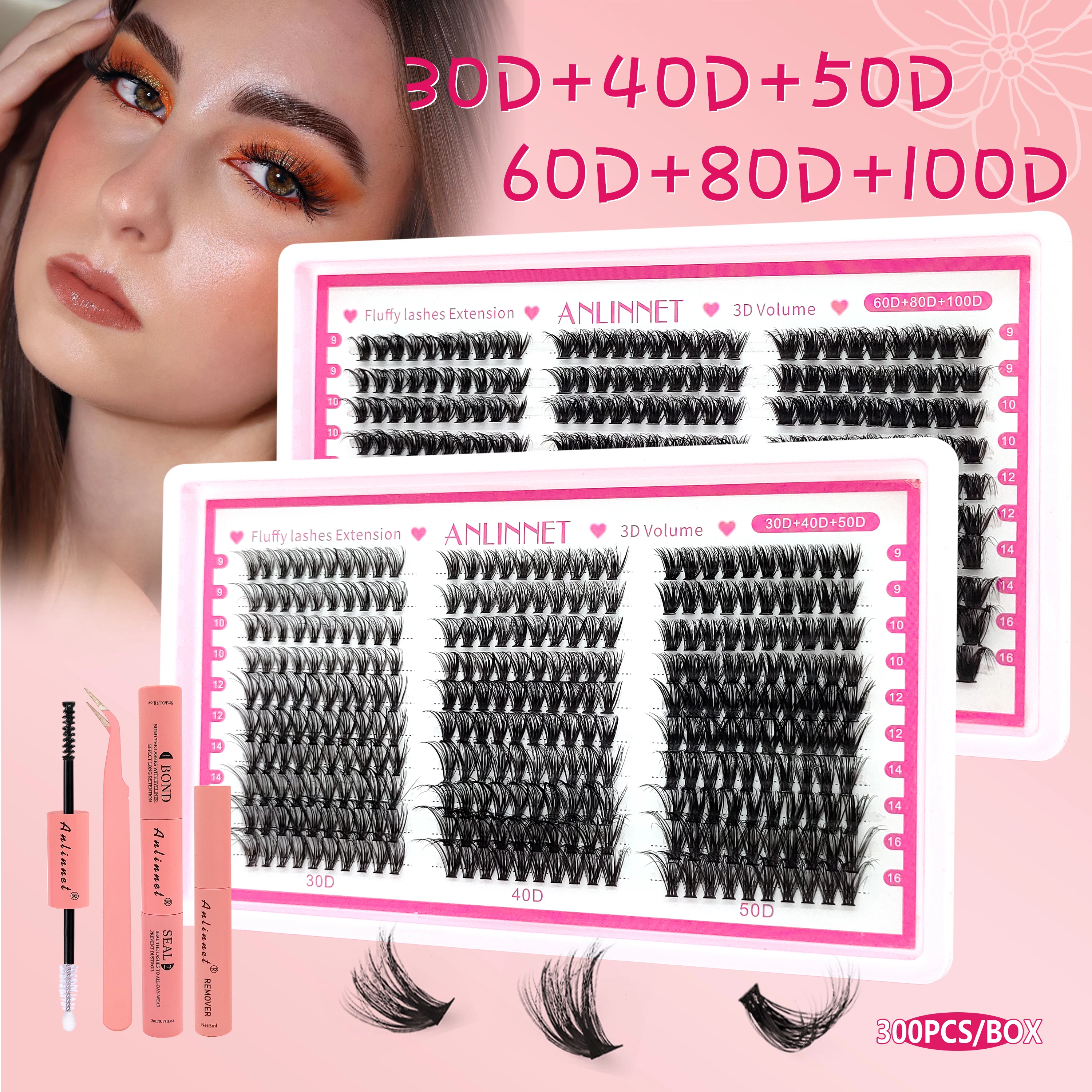 

ANLINNET 300 pcs eyelash Cluster Lashes Kit Fluffy Individual Lashes Volume Mixed Tray Faux Mink Lashes Eyelash Extension Makeup