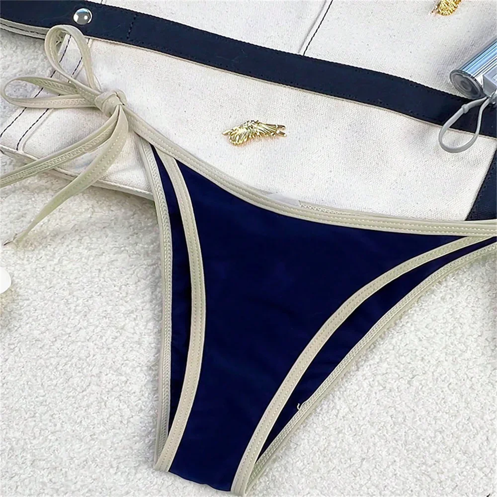 Vintage Blue Bikinis Set Triangle Border String Swimsuit Push Up Swimwear Backless Extrem Bikini Women Beach Outfit Bathing Suit