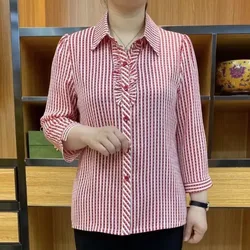 Female Clothing Fashion Turn-down Collar Striped Printed Blouse Korean Vintage Ruffles Folds Spliced Casual Button Shirt Tops