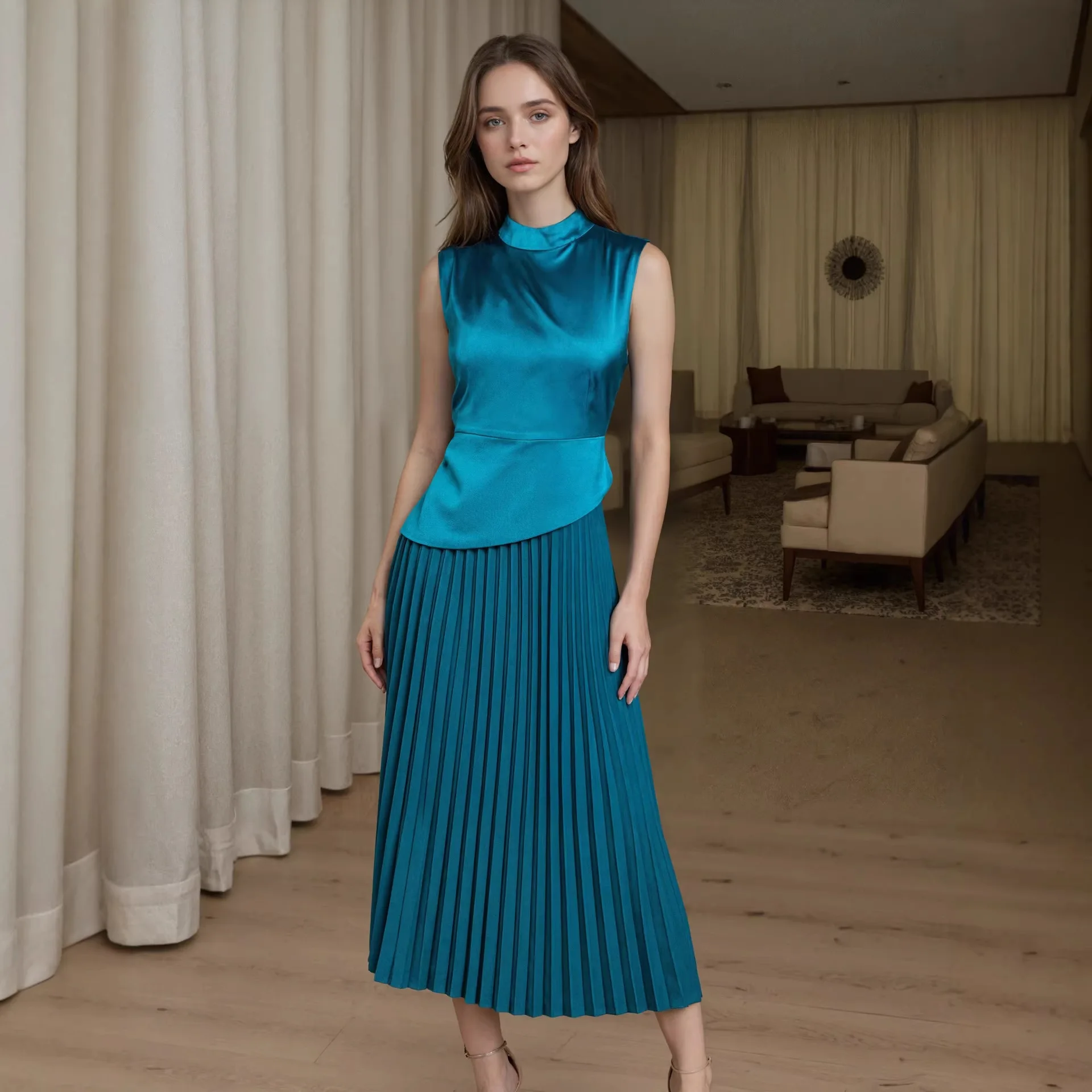 فستان من الساتان ذو ثنيات للنساء، تنورة طويلة عالية الخصر على الطراز الأوروبي الأمريكي خفيفة الوزن وجيدة التهوية