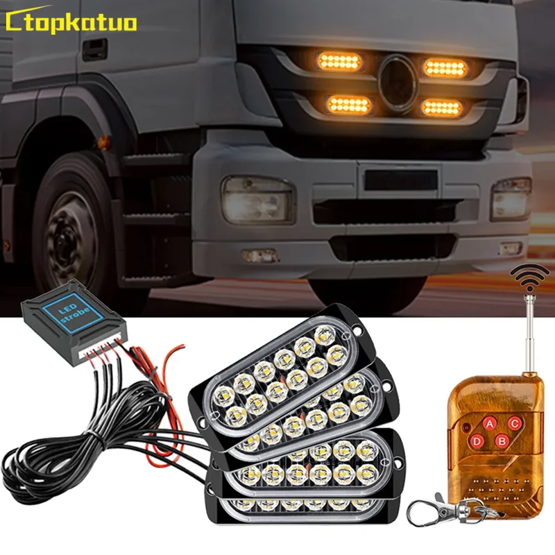 

4 In 1 12LED Car Emergency Strobe Lights Grille Flash LED Lights 12V 24V Wireless Remote Control Truck Trailer Stroboscopes
