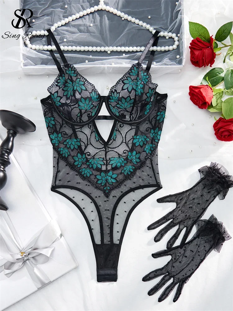

SINGREINY Sensual Embroidery Floral Erotic Playsuit American Backless Transparent Hollow Out Round Dot Mesh Sexy Bodysuit