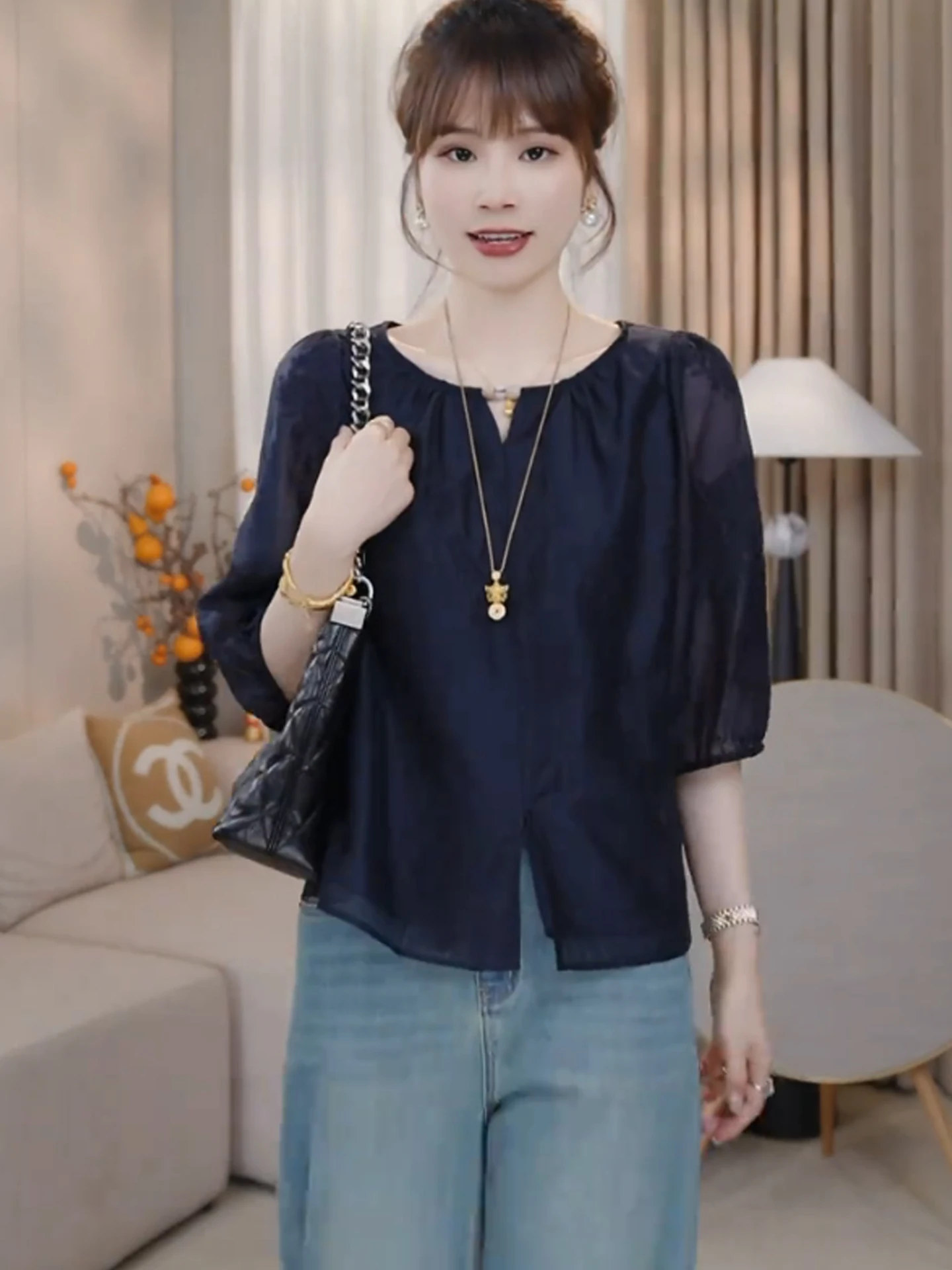 

Дышащая свободная летняя рубашка с вышивкой, однотонная, с рукавом до локтя, повседневный стиль, стандартный крой