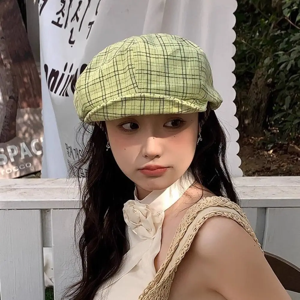 

Korean Ins Green Plaid Cloud Berets Spring Summer Y2k Newsboy Caps Harajuku Casual Painter Hat Outdoor