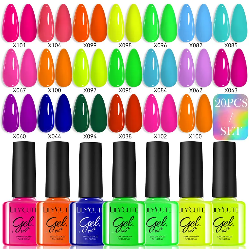 

LILYCUTE 7ml 20Pcs Set Fluorescent Gel Nail Polish Soak Off UV LED Neon Series Gel Varnish Glitter Nail Gel Polish Nail Art Kit