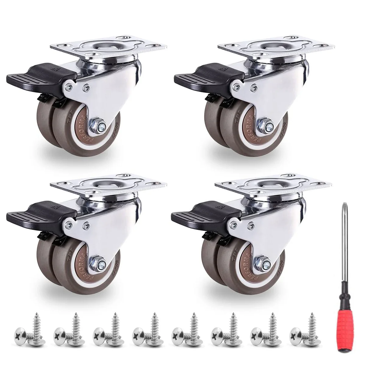 

4Pcs/set Heavy Duty Silent Swivel Castor Wheels 1.5/2 Inch Double row Rubber wheel with Brake for Trolley Furniture Caster