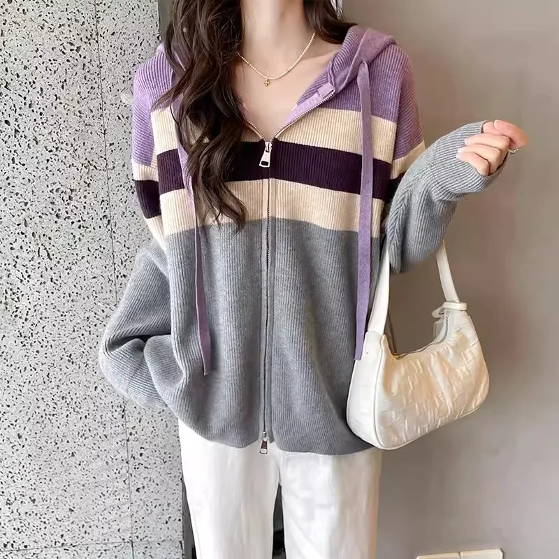 Hooded Sweater Outerwear Women Spring and Autumn 2023 New Women's Zippered Cardigan Fashion Long Sleeved Knit Popular Top M96