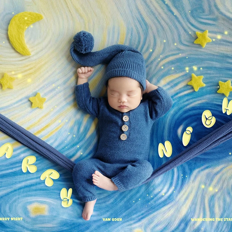 Starry Sky Theme Newborn Photography Clothing Baby Photo Felt Stars Moon Props Knitted Jumpsuit Hat Set Blue Style Accessories