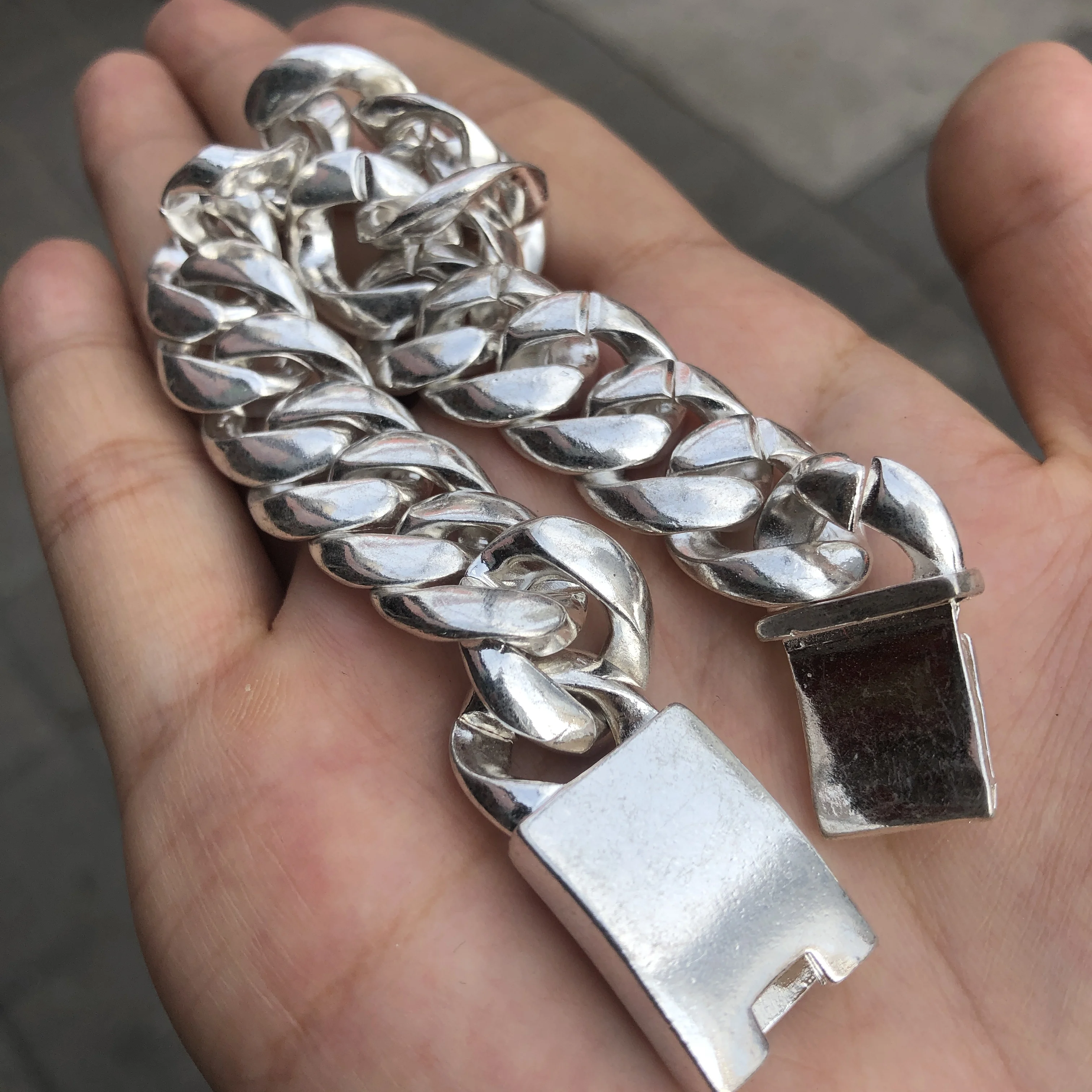 Men Solid Silver Cuban Link Bracelet, Thick Curb Chain Wristband with Square Box Clasp, Punk Hip Hop Hand Jewelry Gift for Guys