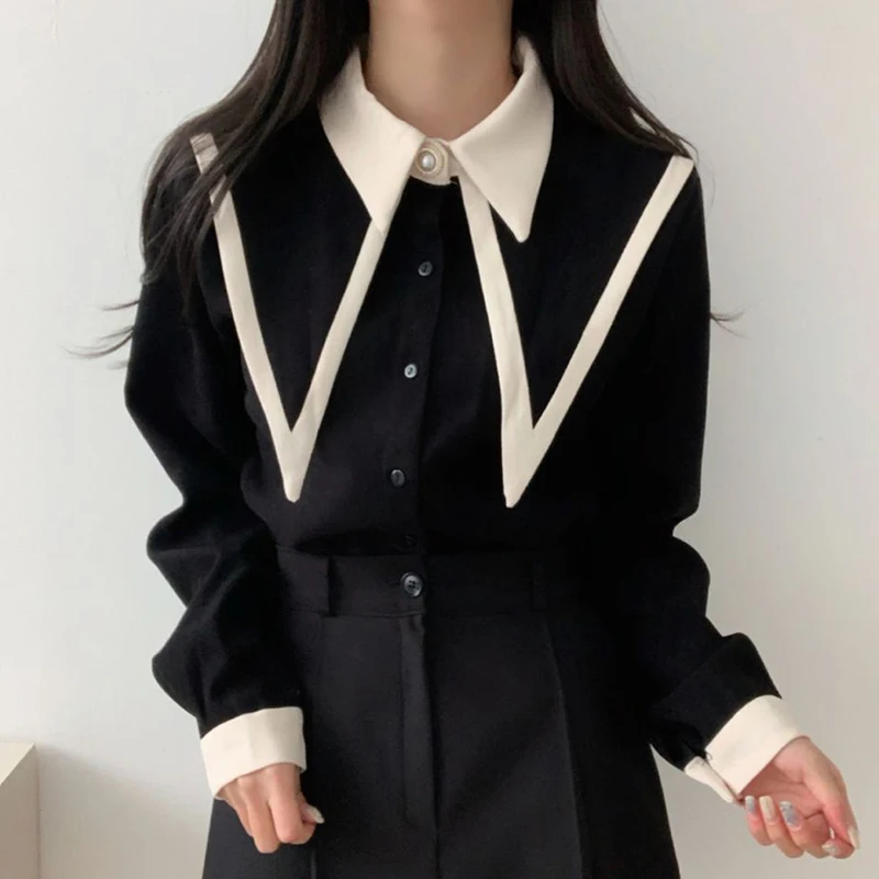 Vintage Chiffon Shirts Women Elegant Patchwork Long Sleeve Blouses Office Lady Korean Black Turn Down Collar Casual Tops Blusas