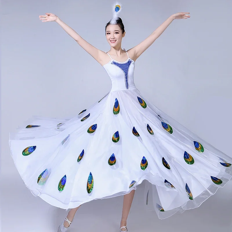 New Peacock Dance Big Swing Skirt Adult Performance Female Sparrow Spirit Yarn White Dai Opening Dance Performance 1 Piece