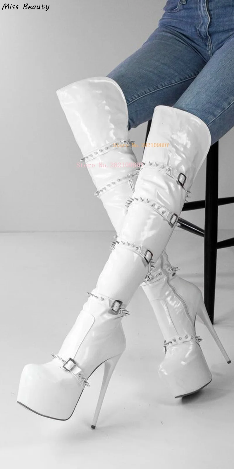 

Real Picture White Mirrored Leather Thick Platform Rivet Over The Knee Thigh High Boots Women High Heel Buckle Straps Bota