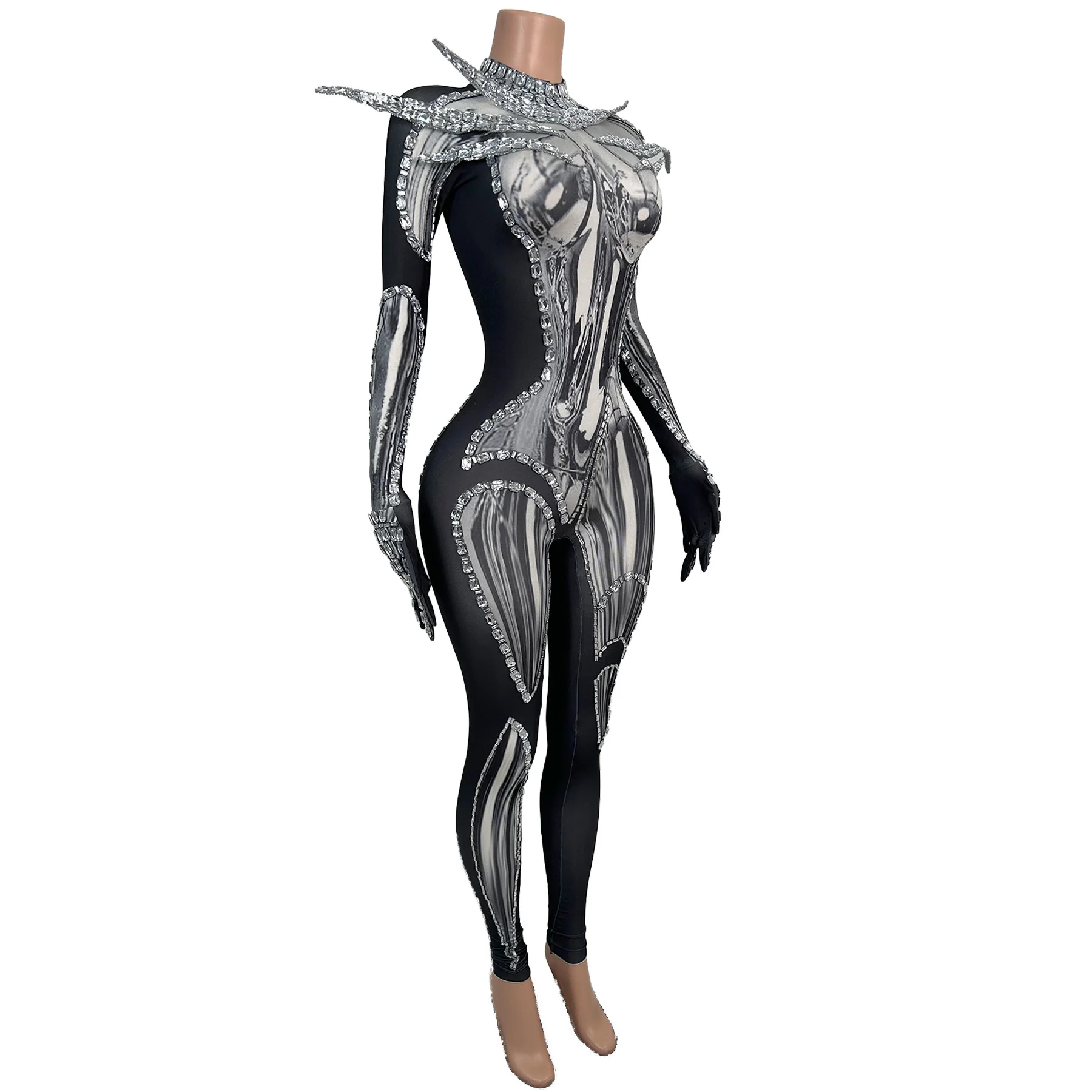 Tieban Luxury Cyber Style Mirror Texture Print Length Jumpsuit Silver Rhinestone Trim Spiky Shoulder Singer Nightclub Outfit