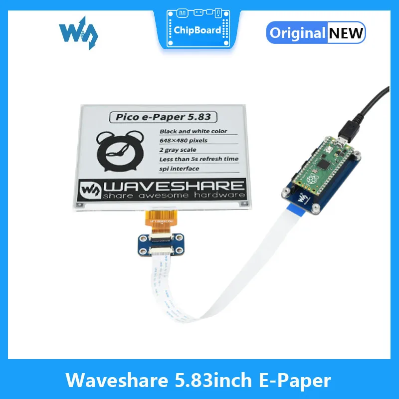 Waveshare 5.83inch E-Paper E-Ink Display Module For Raspberry Pi Pico, 648×480 Pixels, Black / White, SPI Interface