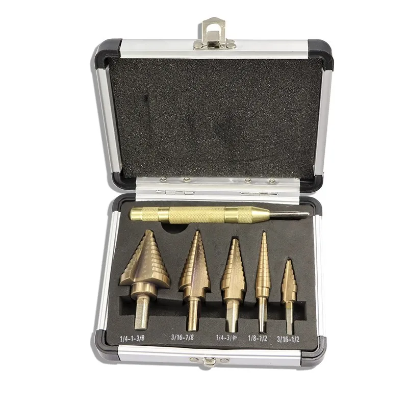 HSS 4241 Step Cone Drill TiCN Coated 6pcs Metal Drill Bit with Center Punch Metal Hole Cutter Drilling Tool