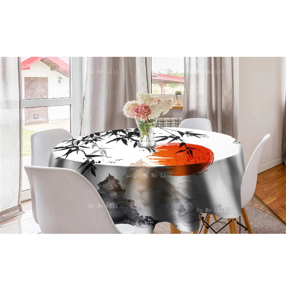 Bamboo Trees Red Sun And Mountains Traditional Japanese Ink Sumi-E Freedom Nature Polyester Fabric Round Tablecloth