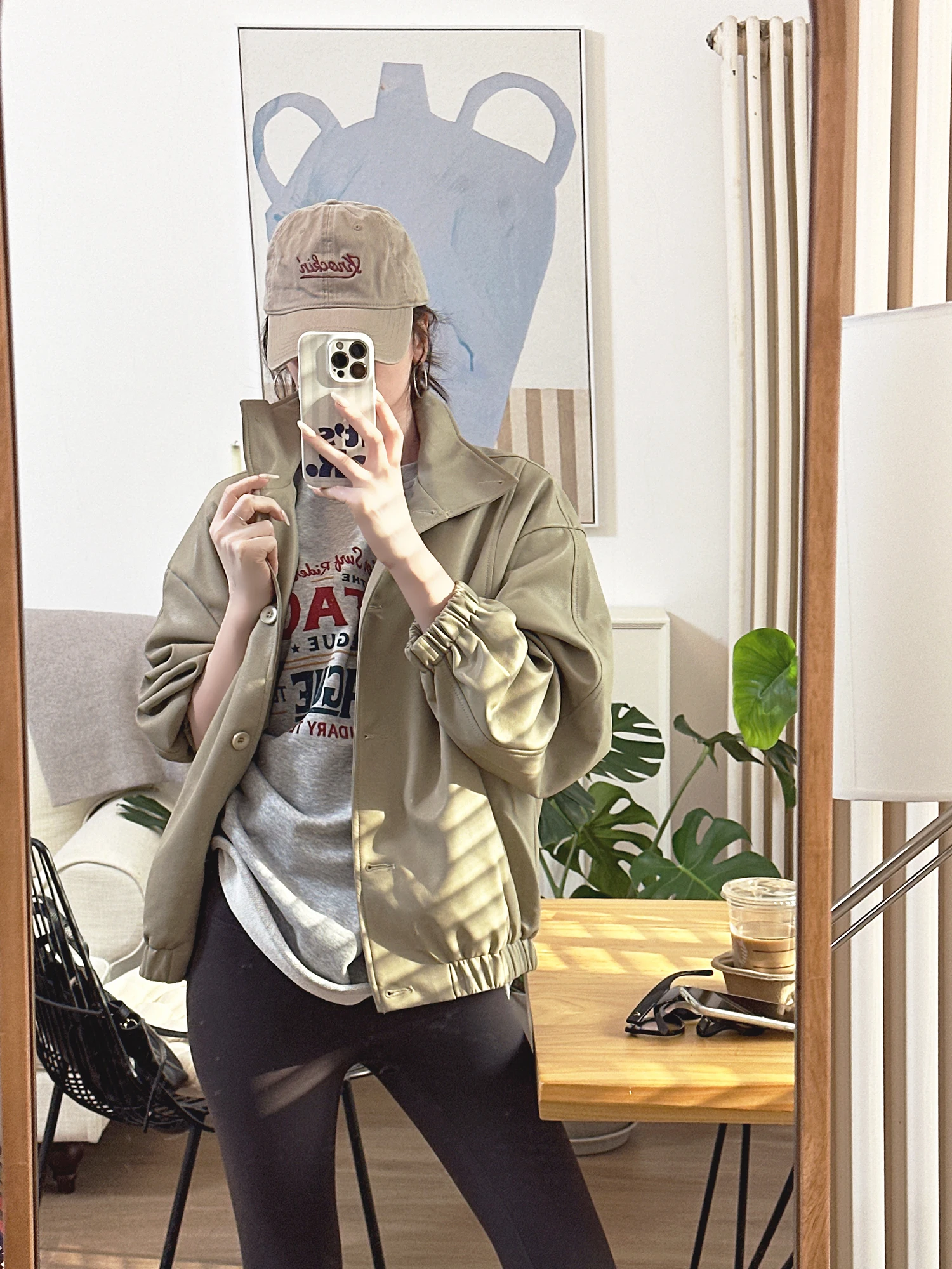 

Deade Home High Collar PU Leather Soft Texture Baseball Jaet Loose Bot i Color Simple Elegance Women's Leather Coat