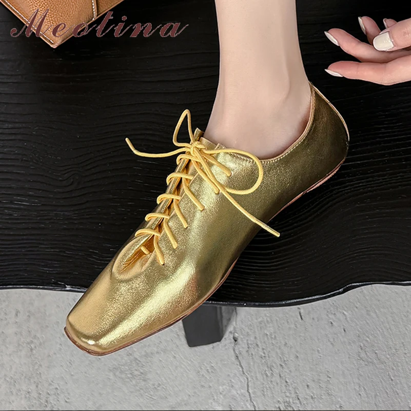 

Женская обувь Meotina из натуральной кожи, туфли на плоской подошве с квадратным носком и шнуровкой, лаконичная женская модная повседневная обувь, весенне-осенняя обувь золотого, серебряного цвета, размер 41