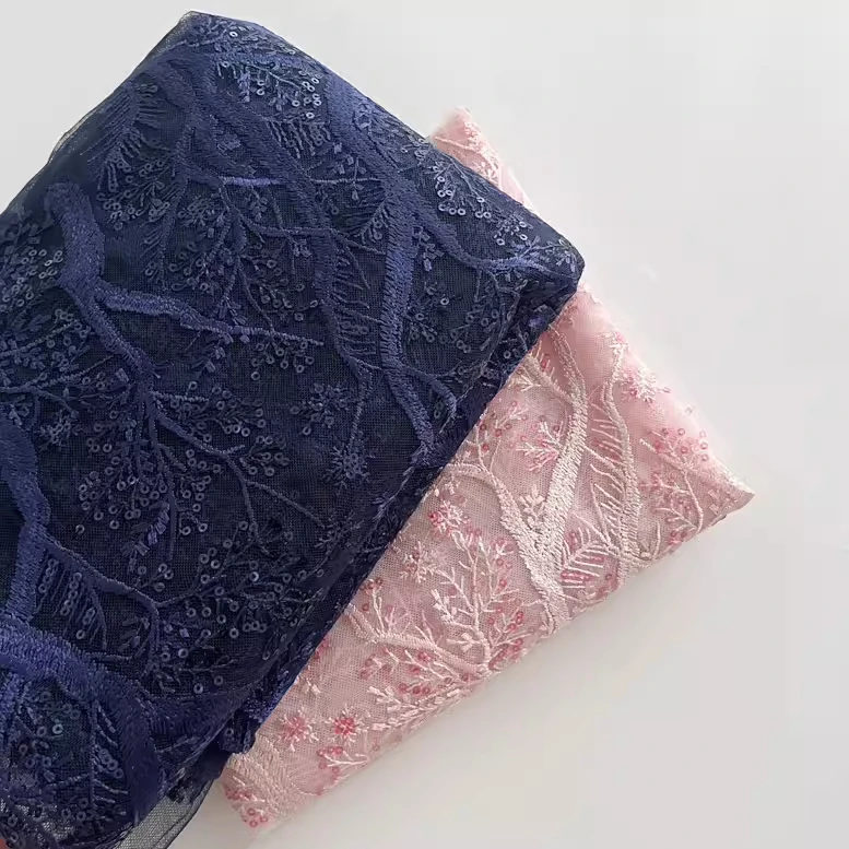 

1yard High quality lace sewing dress cheongsam fabric Snowflake tree sequin nail feather embroidery tissu fabric for clothing