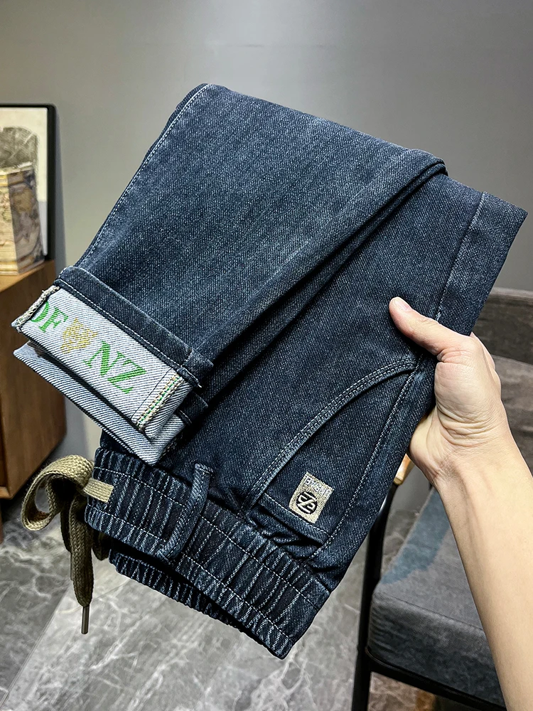 

Мужские джинсы с эластичной талией и шнурком, повседневные, облегающие, длинные брюки, весна-осень, универсальные, из эластичного хлопкового денима