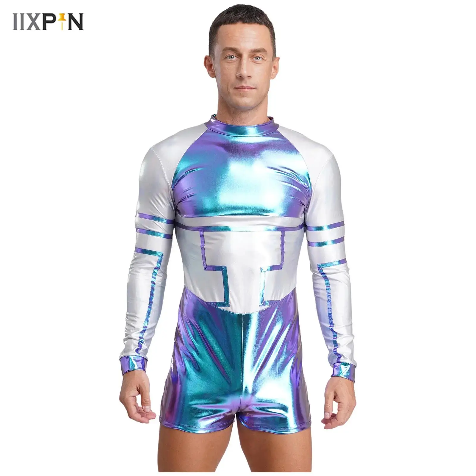 

Mens Halloween Alien Robot Cosplay Jumpsuit Contrast Color Metallic Shiny Long Sleeve Bodysuit for Astronaut Space Themed Party