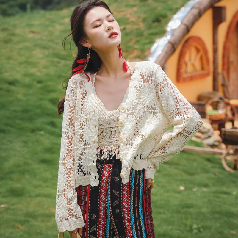 

Hollow Knitted ort Svel Top Long Sve Outerwear Sun Protection Faionable Outer Layer for Spring Summer