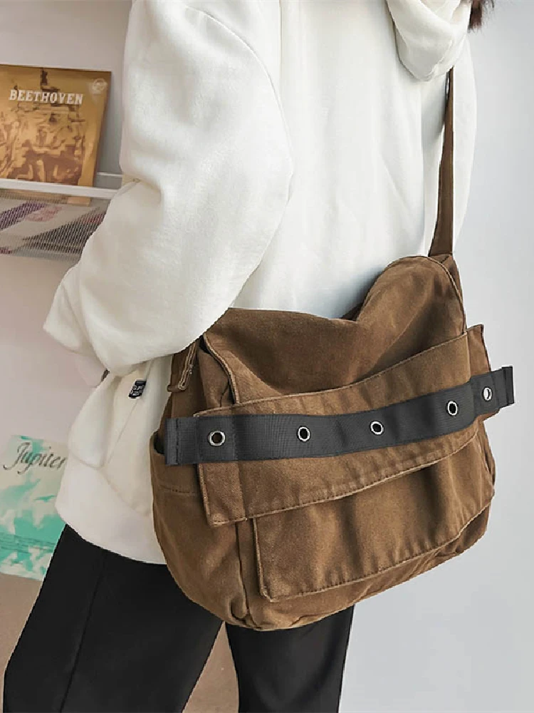 2022 New Japanese Postman Messenger Bag Pleated Couple Harajuku Literary Retro Washed Canvas Shoulder Bag Student