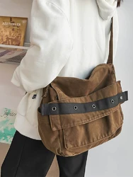 2022 New Japanese Postman Messenger Bag Pleated Couple Harajuku Literary Retro Washed Canvas Shoulder Bag Student