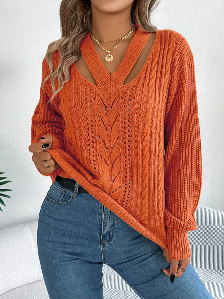 Autumn Leisure Hollow Out V-neck Fried Dough Twists Lantern Sleeve Pullover Sweater Womens Solid Colo Long Sleeve Sweater