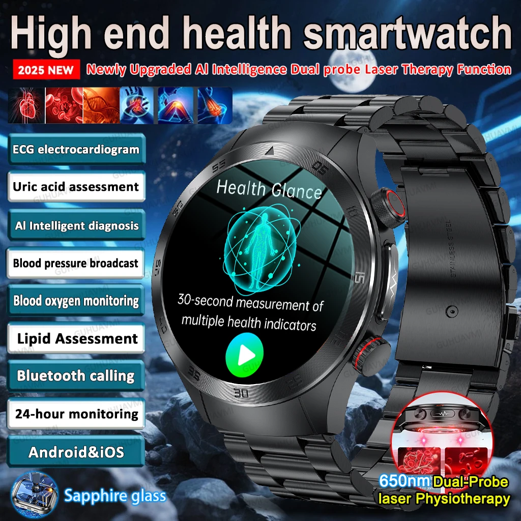 

2025New Precise Laser Therapy Bracelet ECG+PPG Health Smart Watch Blood Pressure Blood Lipid Uric Acid Bluetooth Call SmartWatch
