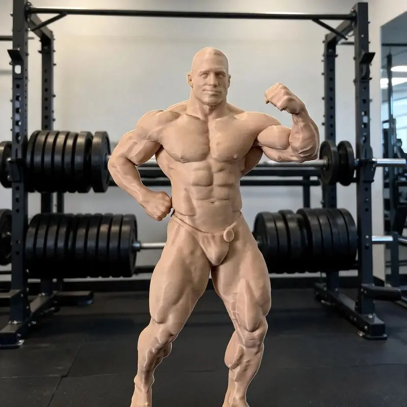 3D Printed Skin-Tone Figurines Of Muscular Bodybuilders; Standing Sculptures Of Strong Fitness Athletes