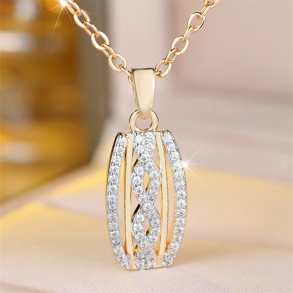 Luxury Crystal Infinity Hollow Pendant White Zircon Necklaces for Women Vintage Gold Color Chain Necklace Wedding Jewelry Gifts
