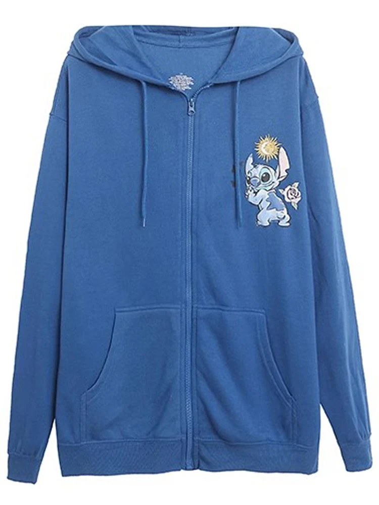 Disney Sweatshirt Front Back Flowers Stitch Little Monster Letter Cartoon Print Women Hooded Fleece Top + Trousers Pants 1 Sets