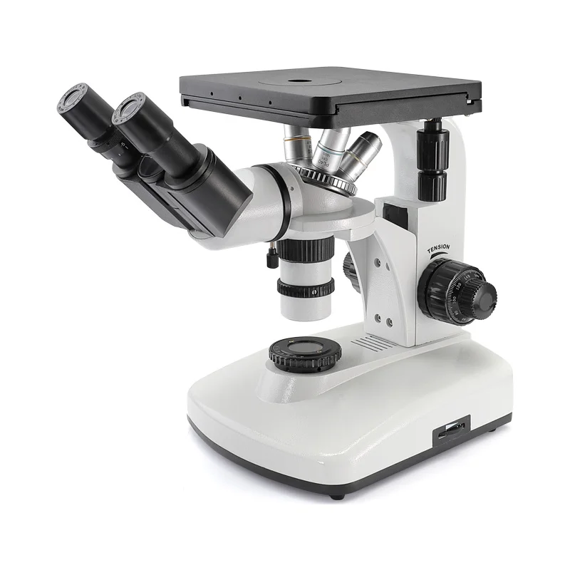 Microscópio metalográfico, material metálico industrial de três olhos invertido